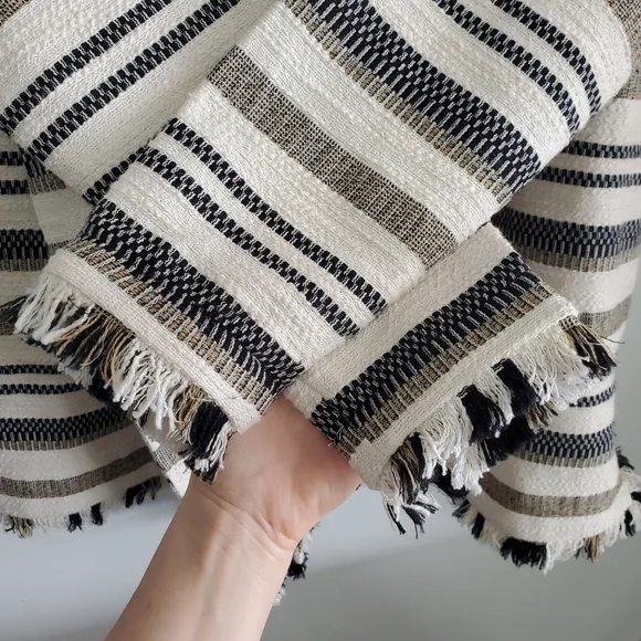 Scotch And Soda Medium Jacket Open Front Cotton Coat Neutral Stripes Boho Fringe - Picture 9 of 16